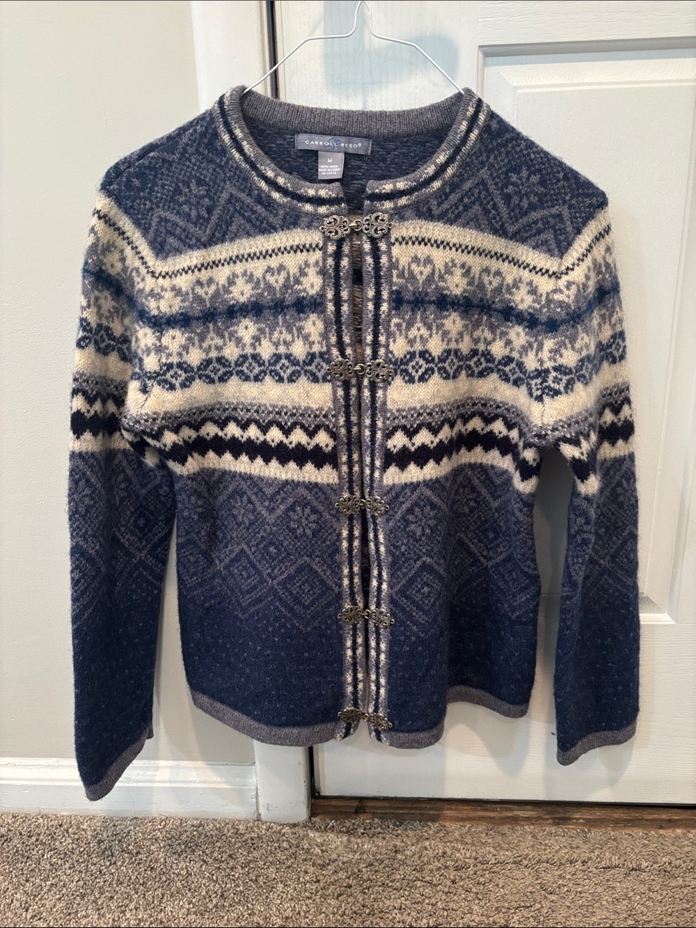 Carroll Reed Blue and Cream Nordic Wool Cardigan